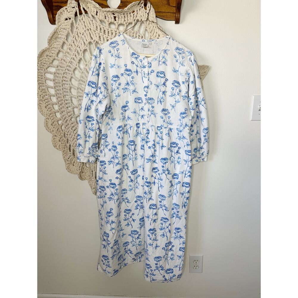Garnet Hill Vintage Blue White Cotton Flannel Floral Cottage Nightgown Small
